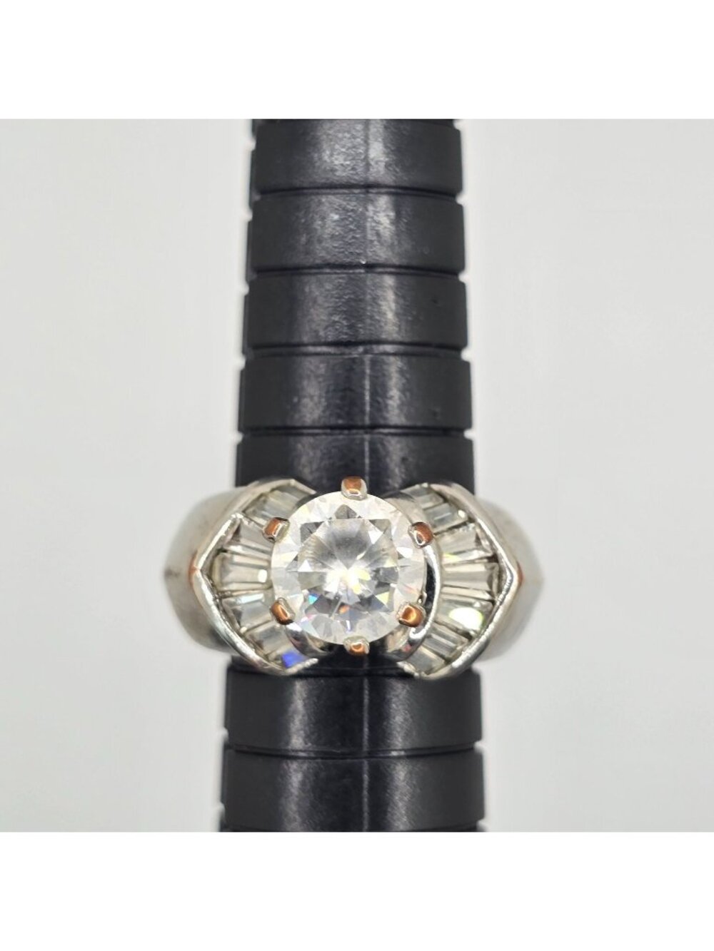 Vintage Silver-Tone Cocktail Ring Large Clear Center Stone Baguette Accents Size